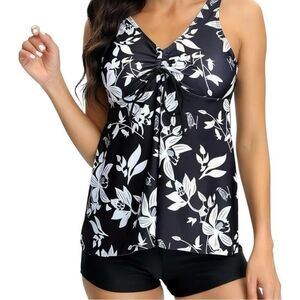 Floral Black and White Tankini Set